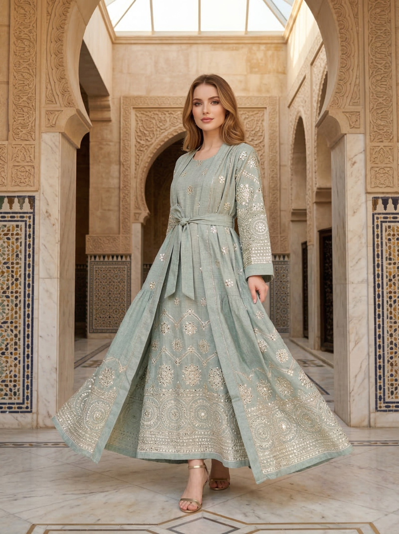 Mint Mirror-Work Flared Overlay Jacket Dress