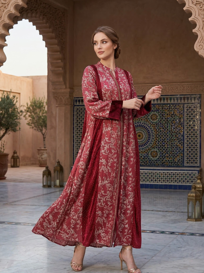 Maroon Velvet Floral Overlay Jacket Dress