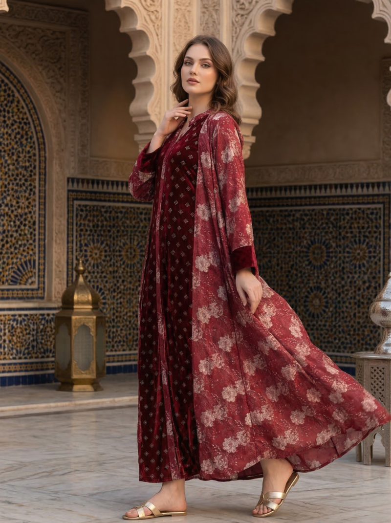 Burgundy Velvet & Sheer Floral Overlay Jacket Set