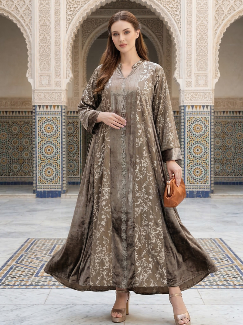 Taupe Velvet Metallic Floral Flared Dress