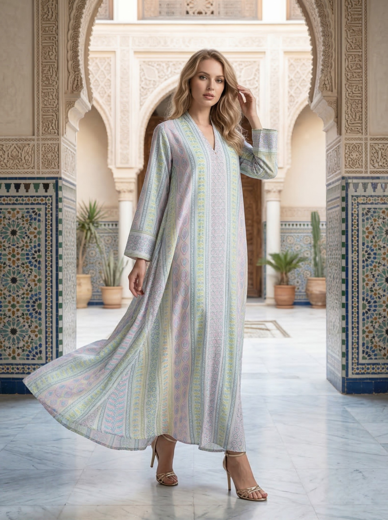 Pastel Stripe Printed Kaftan Dress