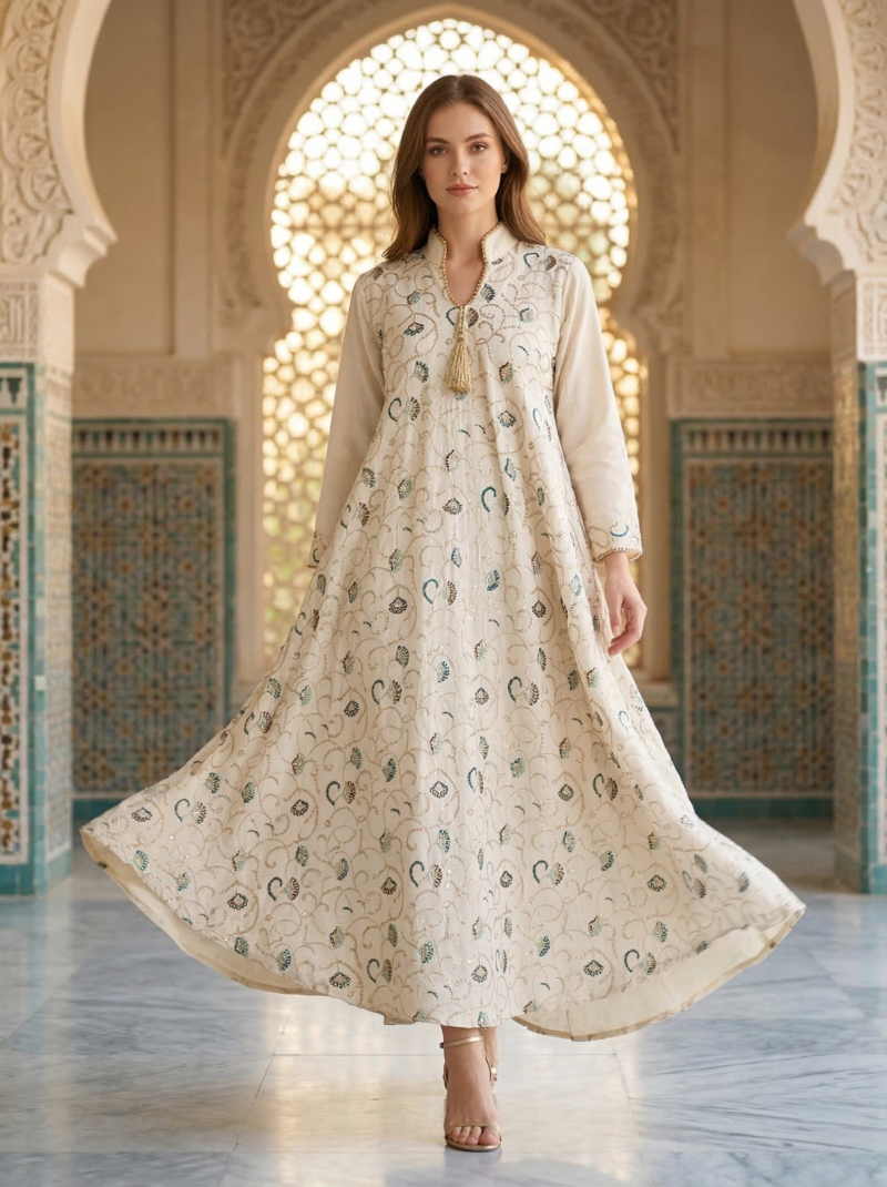 Cream Delicate Floral Embroidered Flared Dress