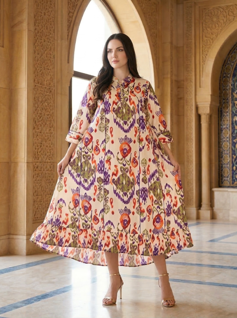 Vibrant Ikat Print Midi Dress