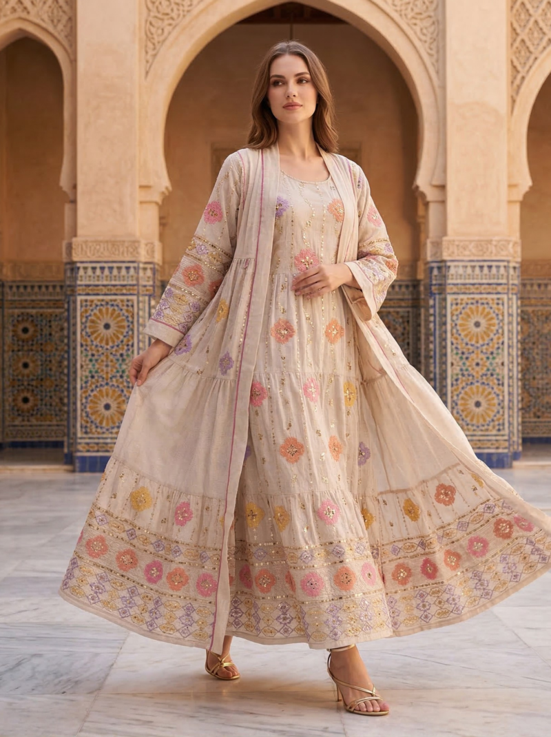 Beige Tiered Floral Embroidered Maxi