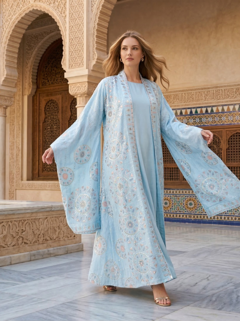 Ice Blue Sequin Medallion Overlay Jacket Set