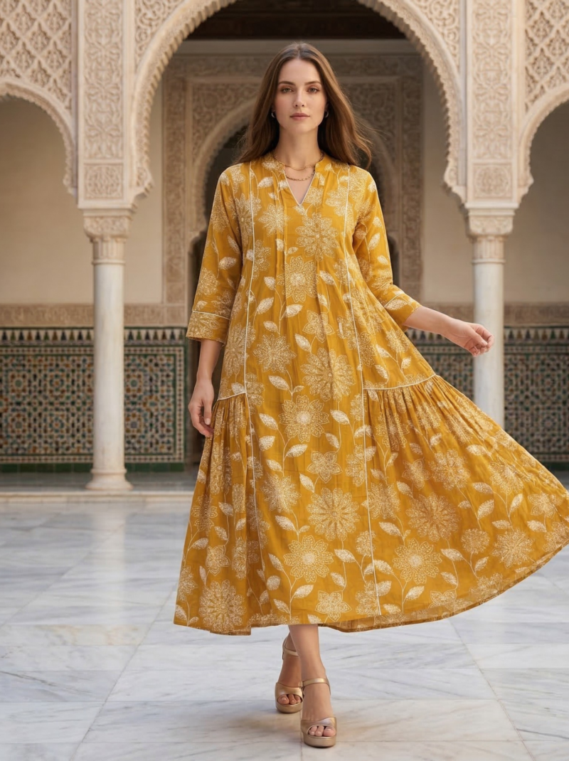 Mustard Floral Drop-Waist Midi