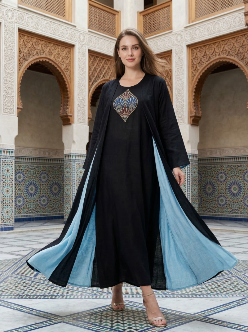 Black & Azure Colorblock A-Line Dress